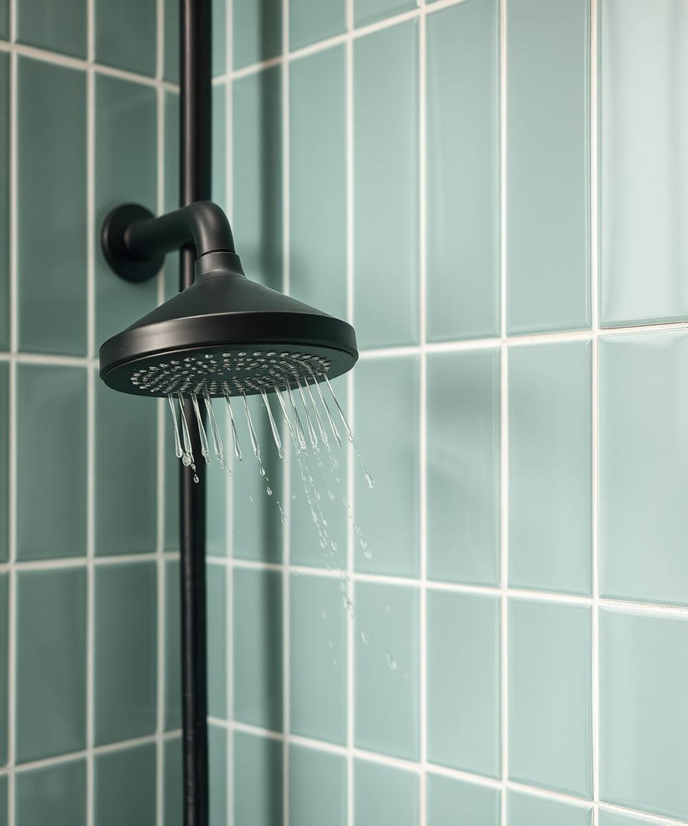 Close-up of soft green bathroom tiles with a matte black rain shower head